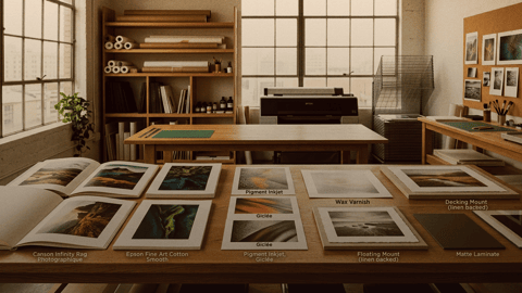 Illustration för Fine art print material, tekniker och finish